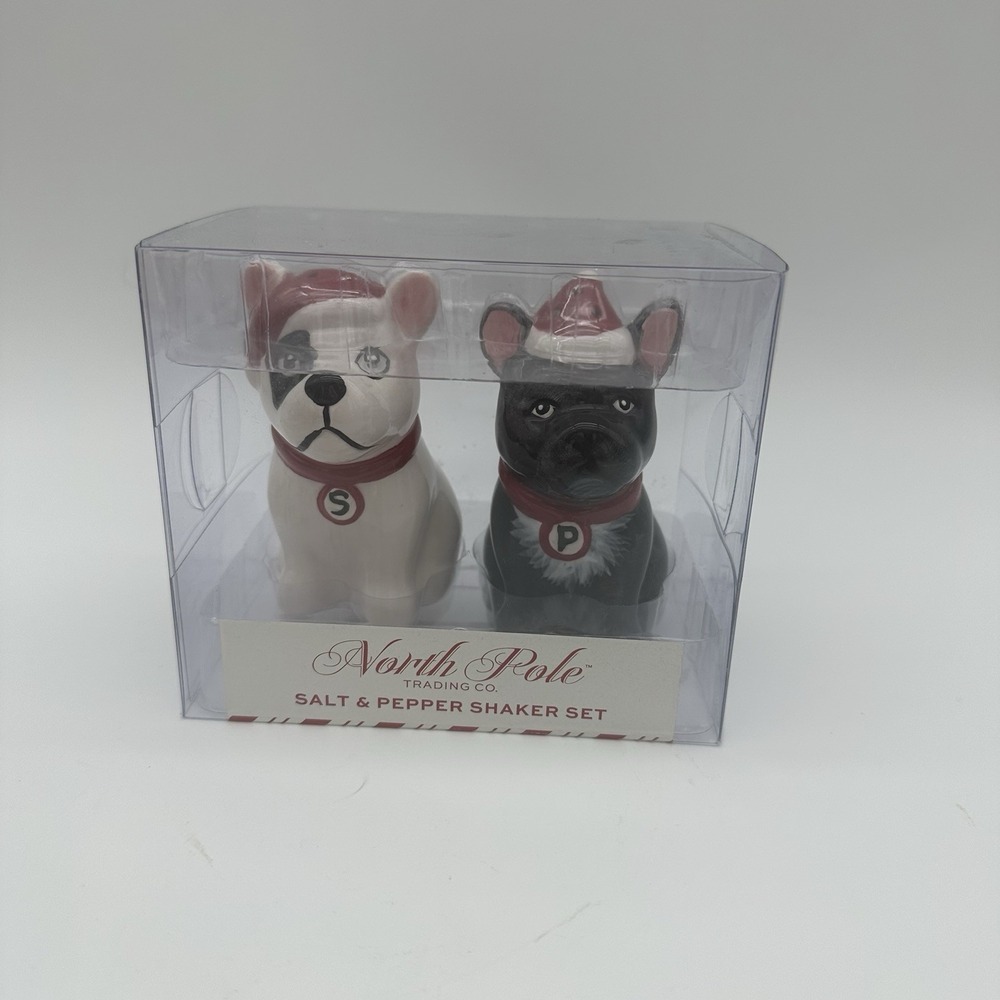 North Pole Trading Co Salt & Pepper Shaker Set‎ Of Dogs Black White Bulldog